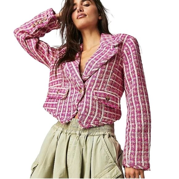 Free People Jackets & Blazers - Free People Cassius Cropped Blazer Pink Tweed Raw Hems Oversized Relaxed Size S